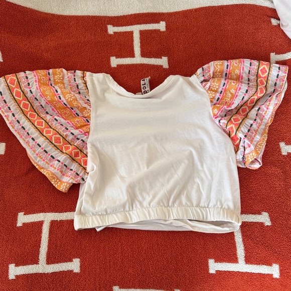 Anthropologie White Top with Colorful Patterned Sleeves - Picture 2 of 2